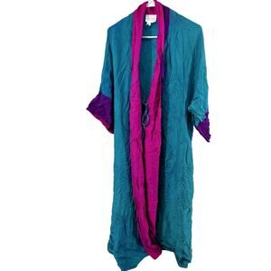 Vintage Bill Tice Silk Robe 70s Tie Waist 3/4 Sleeve Colorblock Blue Pink Large